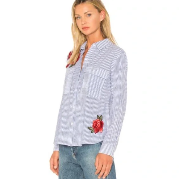 Rails Frances Baker Stripe Floral Embroidered Button Down Shirt - Picture 2 of 11